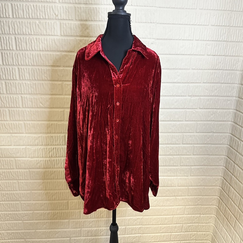 NWT John Mark Womens Red Velvet Button Up Blouse Sz 1X Holiday Christmas Formal
